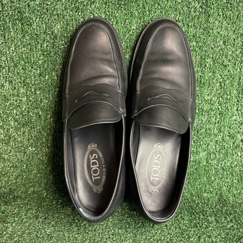 Tods Penny Loafer Leather Slip On Classic Luxury Dress Shoes Black‎ Mens Size 10